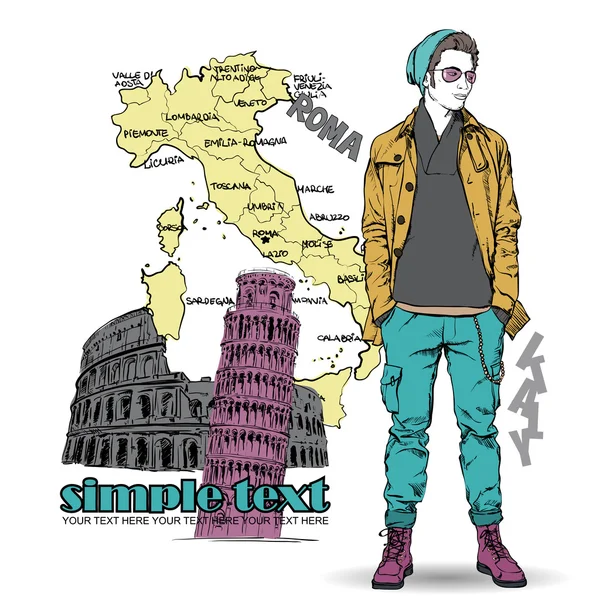 Joven chico con estilo en un fondo italiano. Ilustración vectorial — Vector de stock