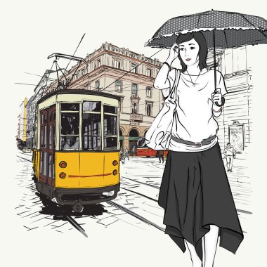 eski tramvay ve kız moda vektörel çizimi.