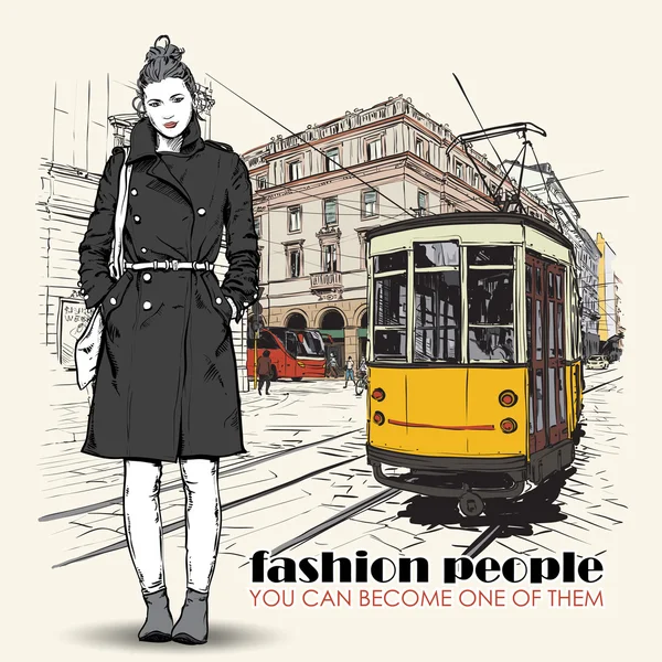 Illustration vectorielle EPS10 d'une jolie fille à la mode et d'un vieux tram. Style vintage . — Image vectorielle