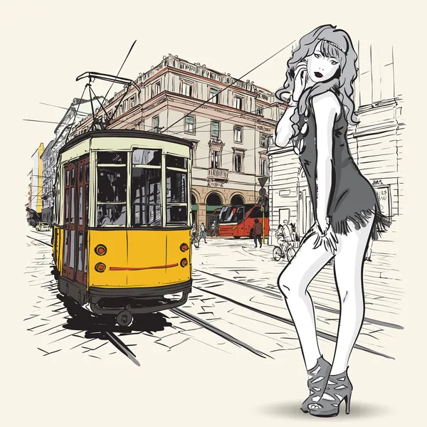 Ilustración vectorial EPS10 de una chica de moda bonita y tranvía viejo. Estilo vintage . — Vector de stock