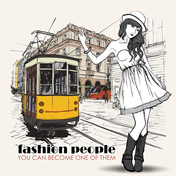 EPS10 vector illustration of a pretty fashion girl and old tram. Vintage style. — Stock Vector