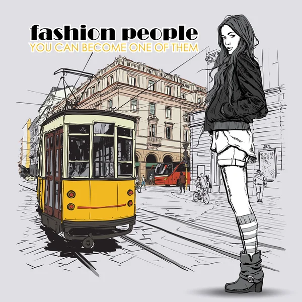 EPS10 vector illustration of a pretty fashion girl and old tram. Vintage style. — Stock Vector