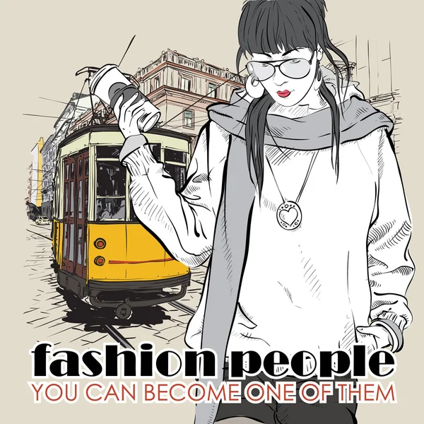ファッションでかなりの女の子と古い路面電車の eps10 ベクトル イラスト。ビンテージ スタイル. — ストックベクタ