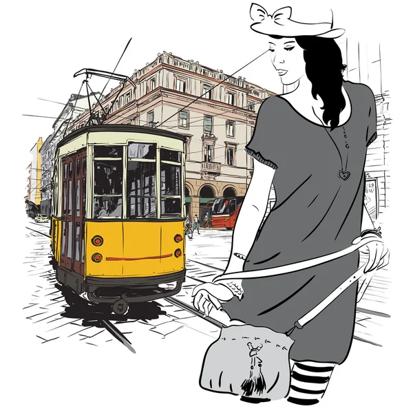 Eps10 vektorové ilustrace hezká móda dívka a historické tramvaje. Vintage styl. — Stockový vektor
