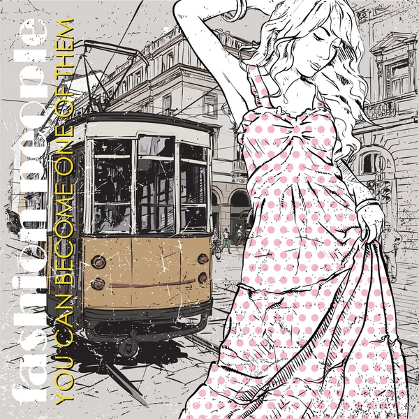 EPS10 vector illustration of a pretty fashion girl and old tram. Vintage style. — Stock Vector