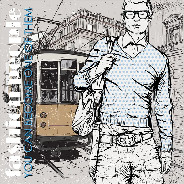 EPS10 illustrazione vettoriale di un giovane ragazzo alla moda e vecchio tram. Stile vintage . — Vettoriale Stock