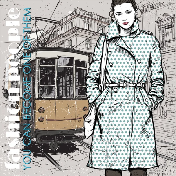 Eps10 vektorové ilustrace hezká móda dívka a historické tramvaje. Vintage styl. — Stockový vektor