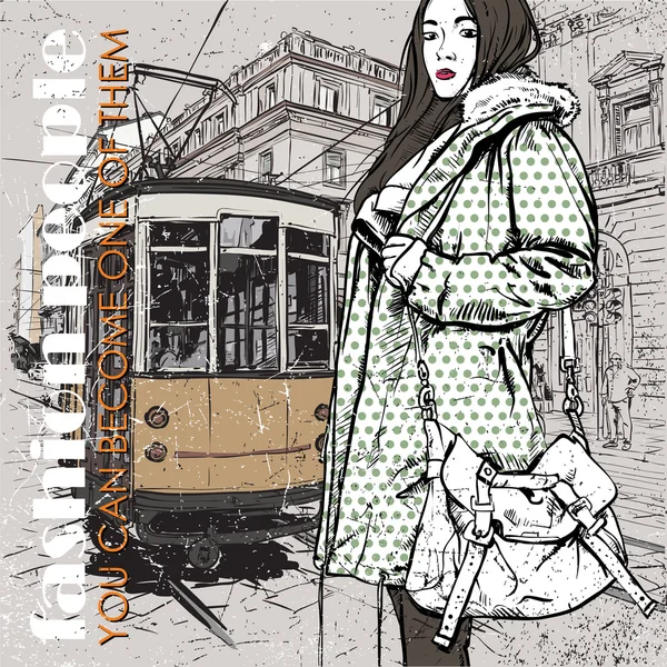 EPS10 vector illustration of a pretty fashion girl and old tram. Vintage style. — Stock Vector