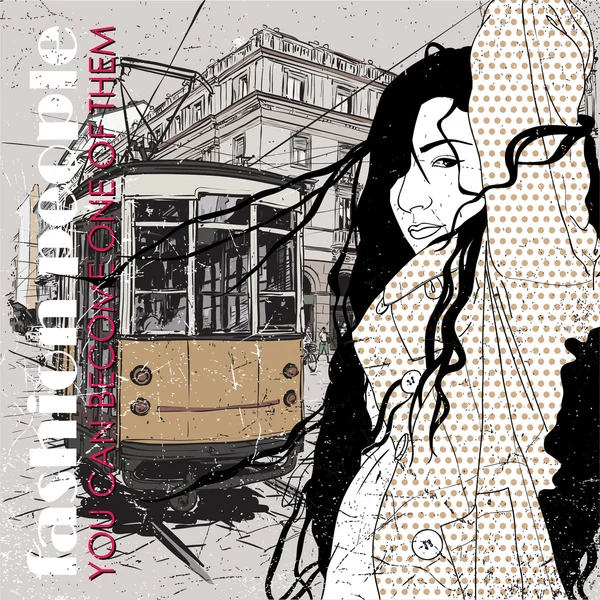 EPS10 vector illustration of a pretty fashion girl and old tram. Vintage style. — Stock Vector