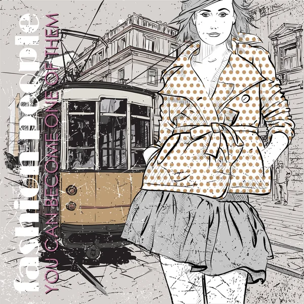 Illustration vectorielle EPS10 d'une jolie fille à la mode et d'un vieux tram. Style vintage . — Image vectorielle