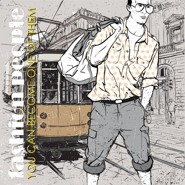 EPS10 vector illustration of a young stylish guy and old tram. Vintage style. — Stock Vector