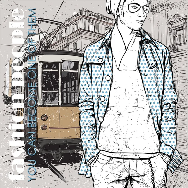 Illustration vectorielle EPS10 d'un jeune homme élégant et vieux tramway. Style vintage . — Image vectorielle