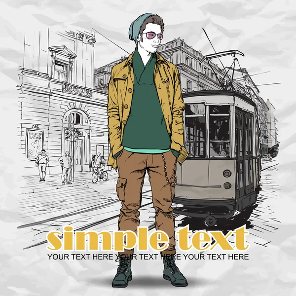 EPS10 illustrazione vettoriale di un giovane ragazzo alla moda e vecchio tram. Stile vintage . — Vettoriale Stock