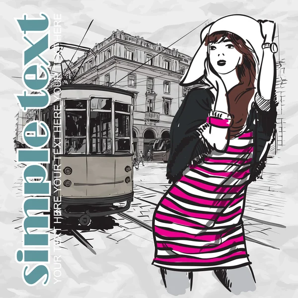 EPS10 vector illustration of a pretty fashion girl and old tram. Vintage style. — Stock Vector