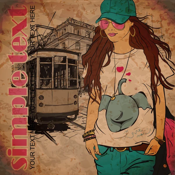 Vector illustration of a fashion girl and old tram. — Stock Vector