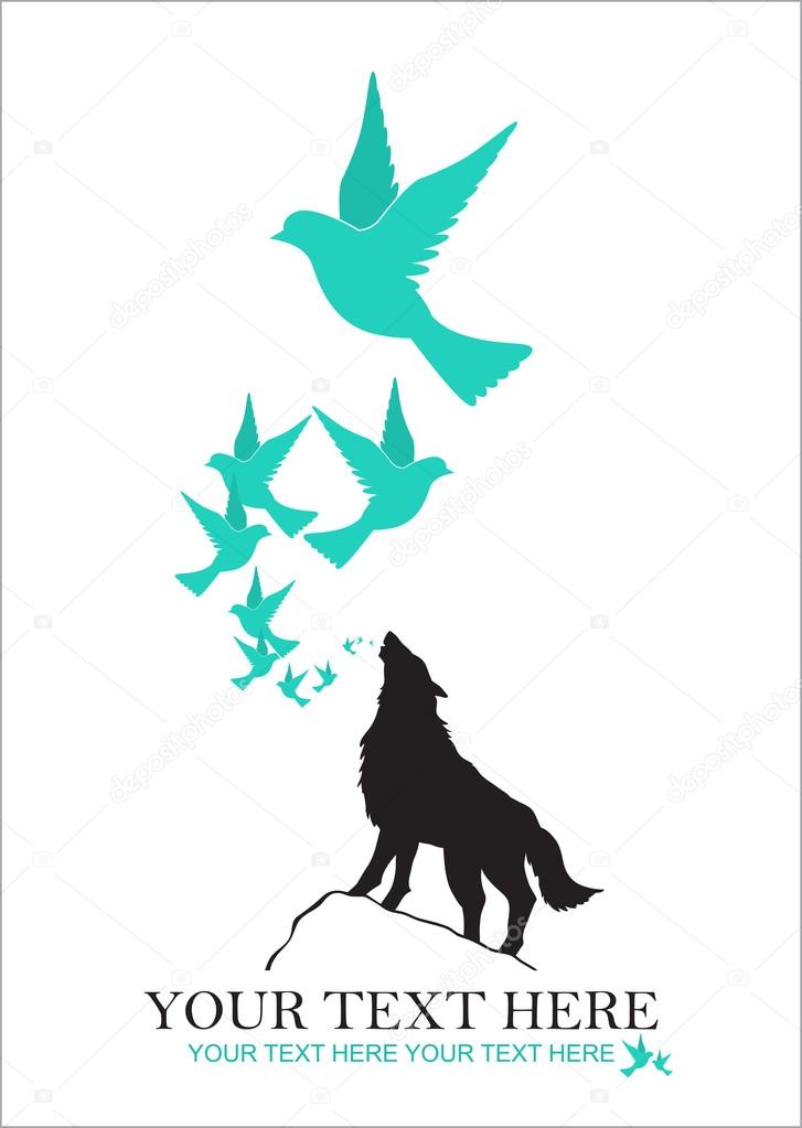 Abstract vector illustration of wolf and birds.