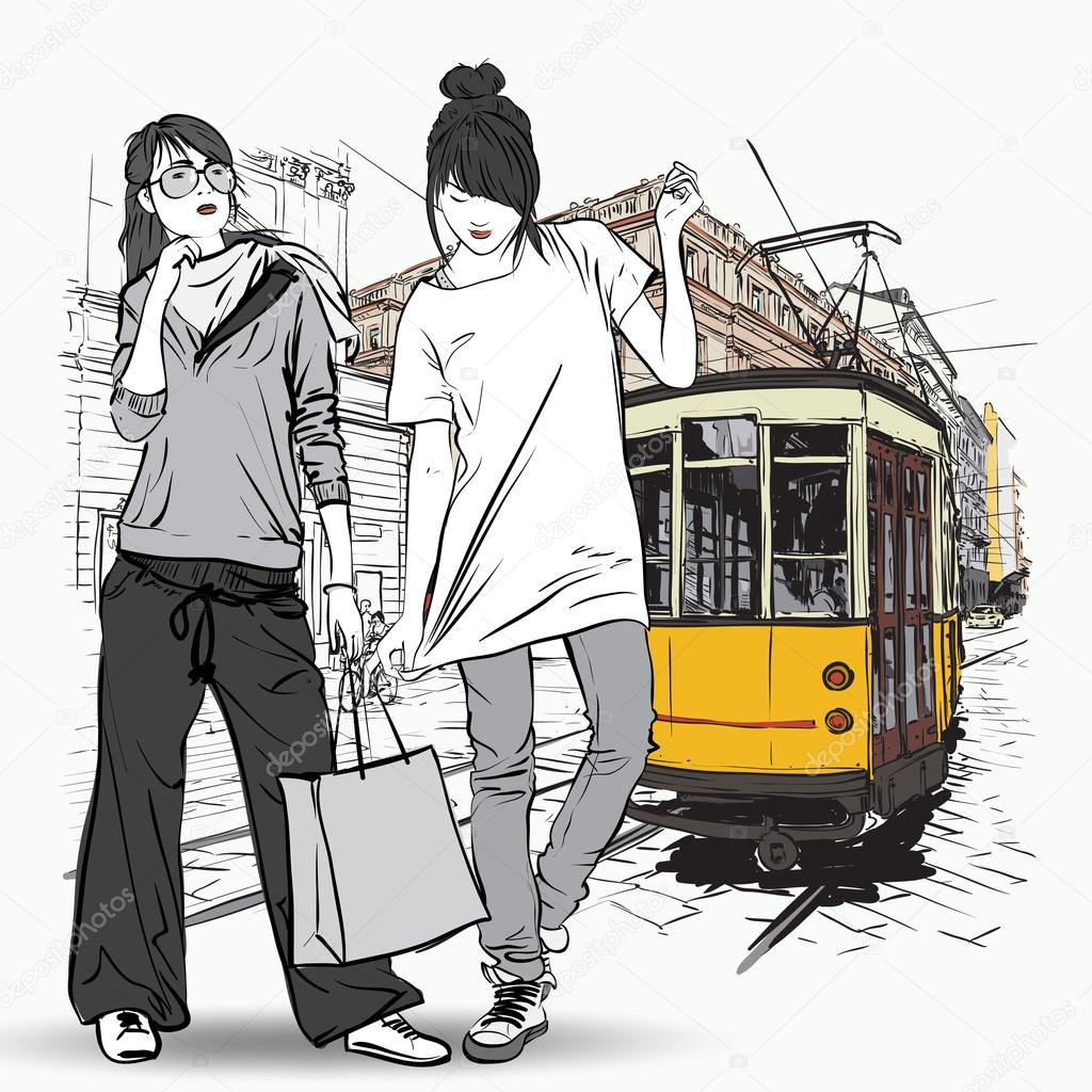 EPS10 vector illustration of a pretty fashion girls and old tram. Vintage style.