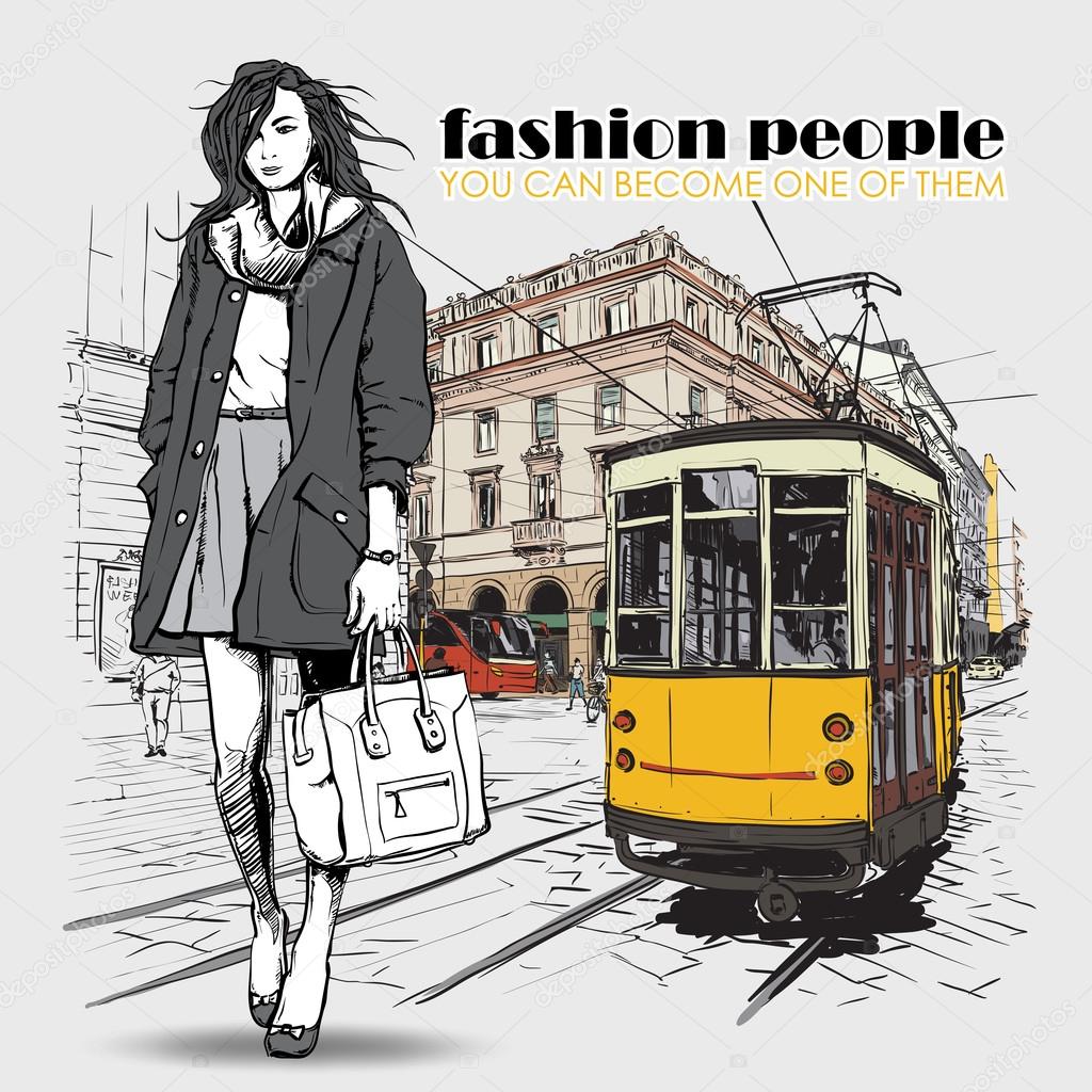 EPS10 vector illustration of a pretty fashion girl and old tram. Vintage style.