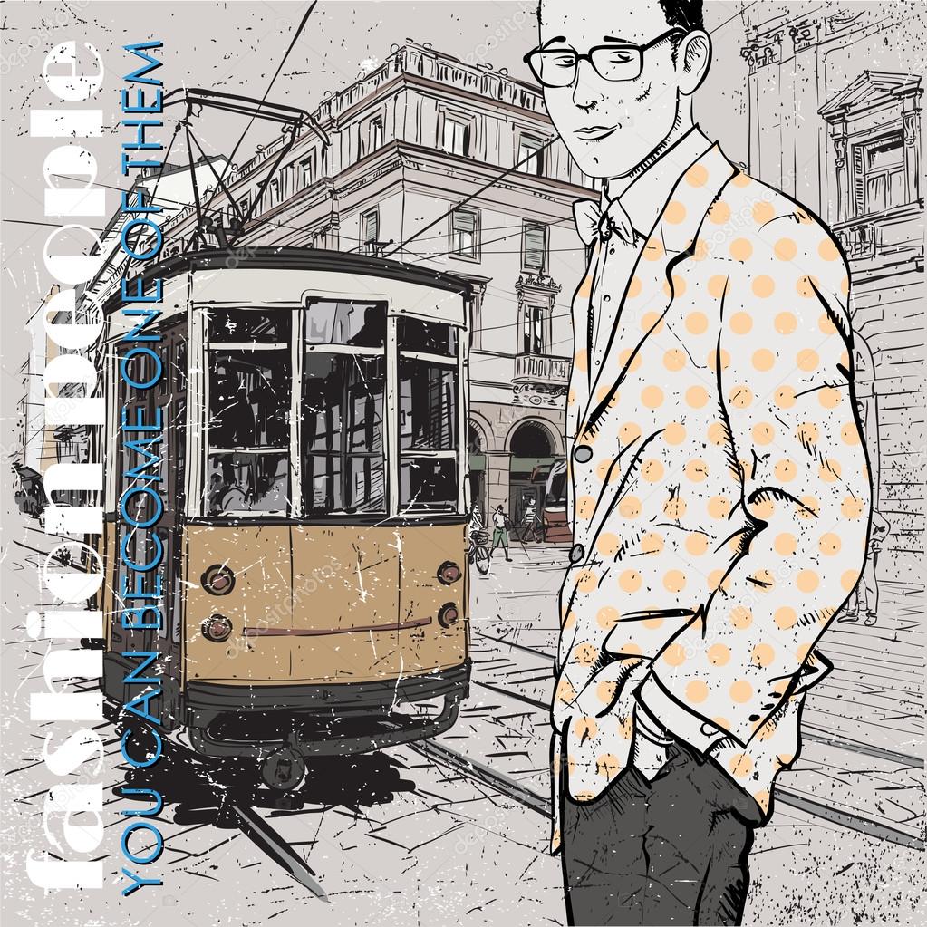 EPS10 vector illustration of a young stylish guy and old tram. Vintage style.