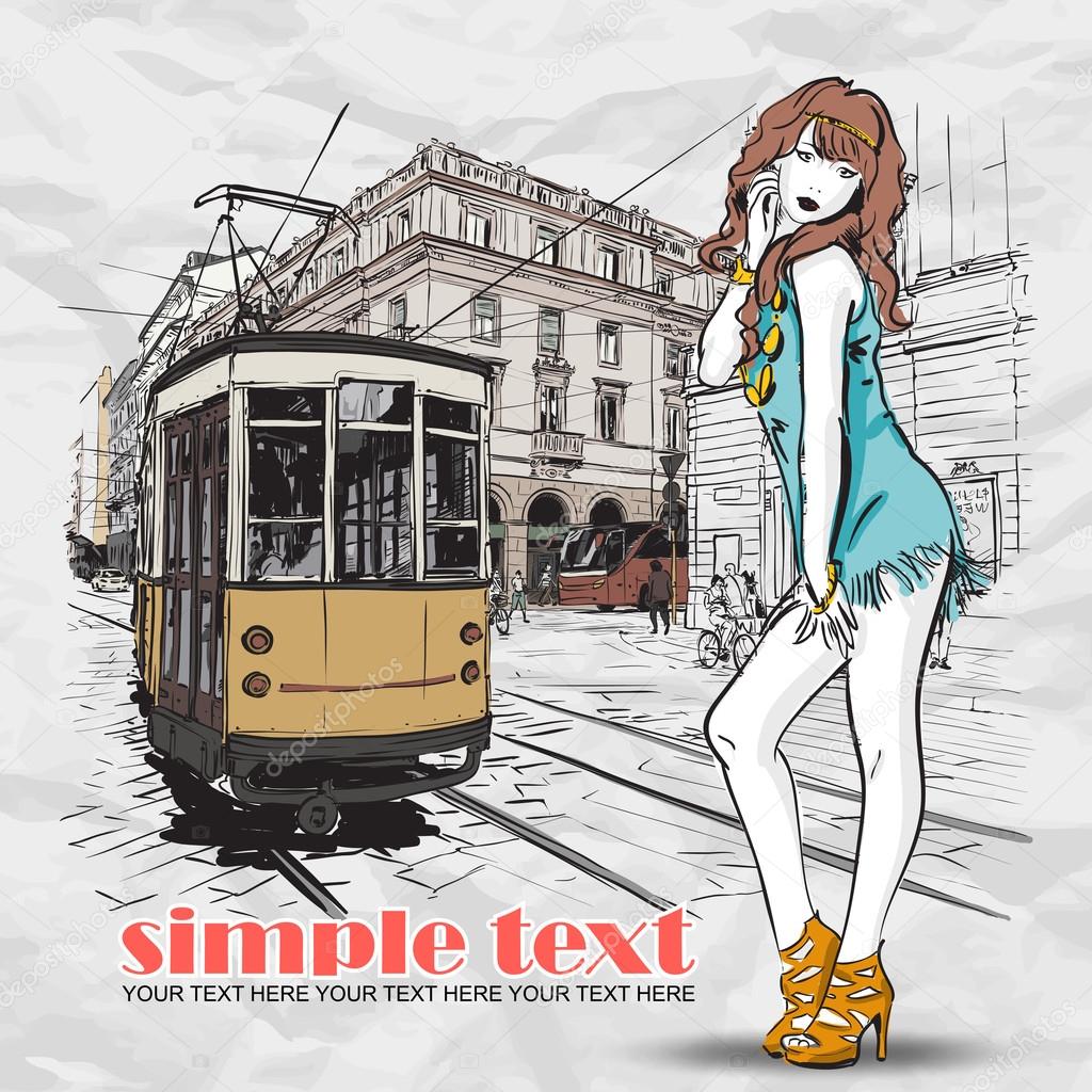 EPS10 vector illustration of a pretty fashion girl and old tram. Vintage style.