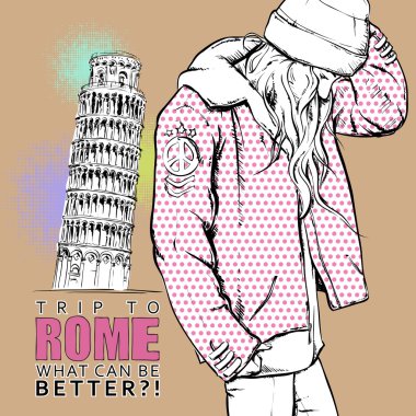 Kroki tarzı bir İtalyan arka planda çok güzel genç kız. vektör çizim