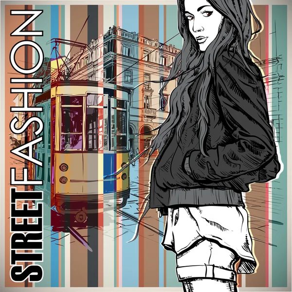 एक सुंदर फैशन लड़की और पुराने ट्राम के वेक्टर चित्रण . — स्टॉक वेक्टर