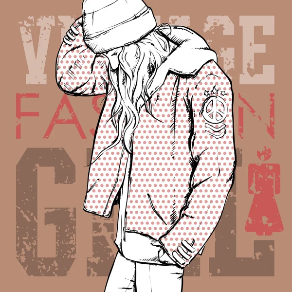 Ung flicka i skiss-stil på grunge bakgrund. vektor illustration — Stock vektor