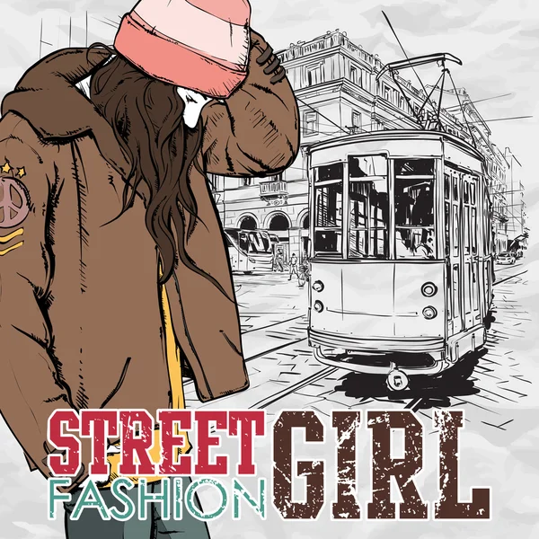 EPS10 vector illustration of a pretty fashion girl and old tram. Vintage style. — Stock Vector