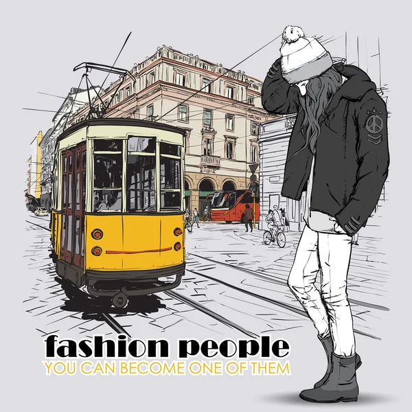 EPS10 vector illustration of a pretty fashion girl and old tram. Vintage style. — Stock Vector