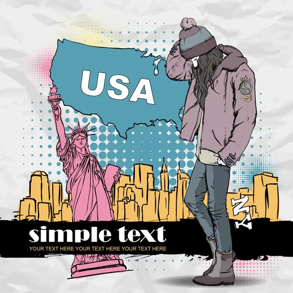 Moda alışveriş çantası kroki tarzı bir ABD arka planda olan kız. vektör çizim. metin için yer. Stok Illüstrasyon