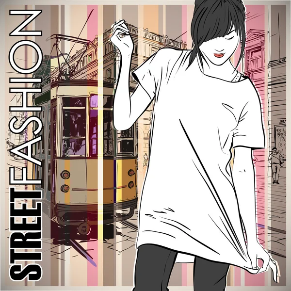 Vector illustration of a pretty fashion girl and old tram. — Stock Vector