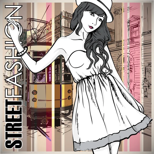 Vektor-Illustration eines hübschen Modemädchens und einer alten Straßenbahn. — Stockvektor