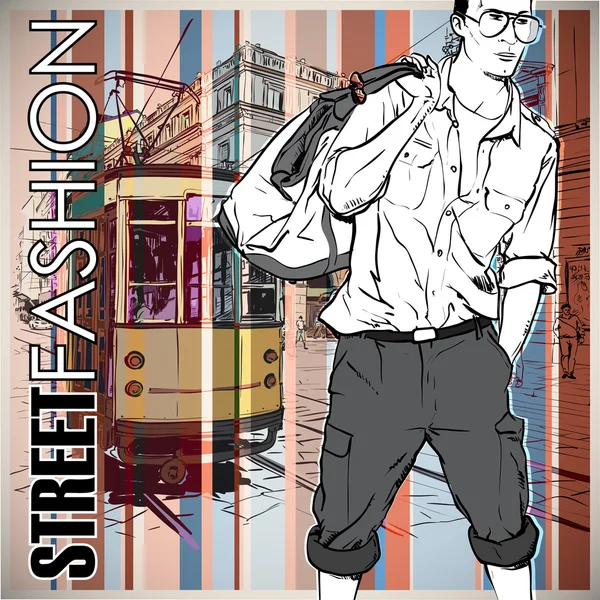 Vector illustration of a young stylish guy and old tram. — Stock Vector