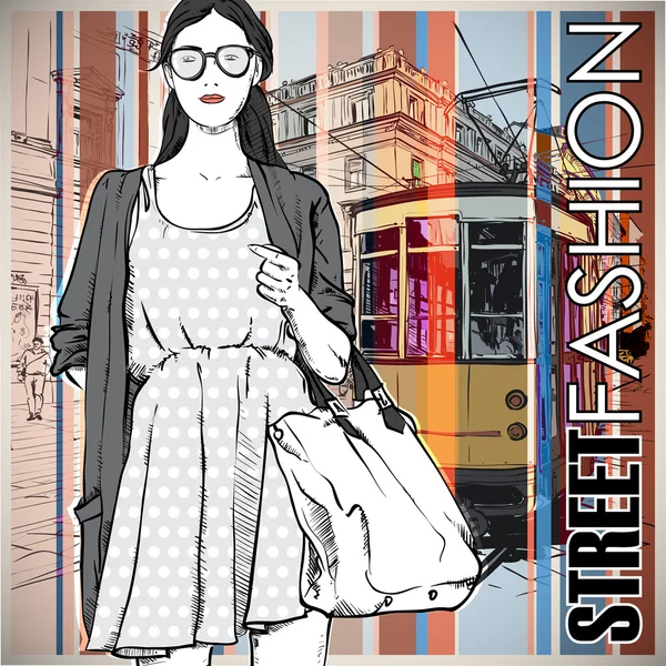 Vector illustration of a pretty fashion girl and old tram. — Stock Vector