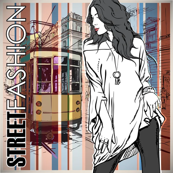 Vector illustration of a pretty fashion girl and old tram. — Stock Vector