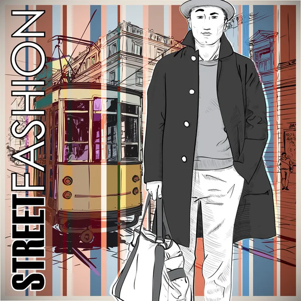 Vector illustration of a young stylish guy and old tram. — Stock Vector