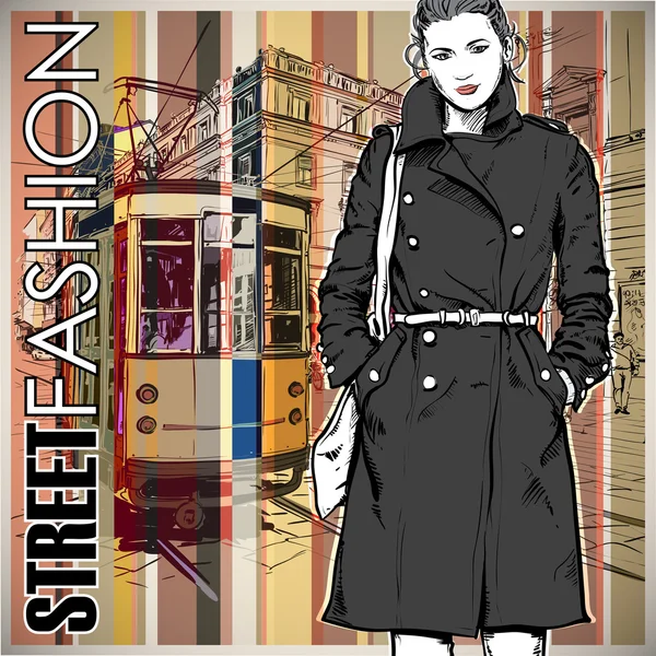 Vector illustration of a pretty fashion girl and old tram. — Stock Vector