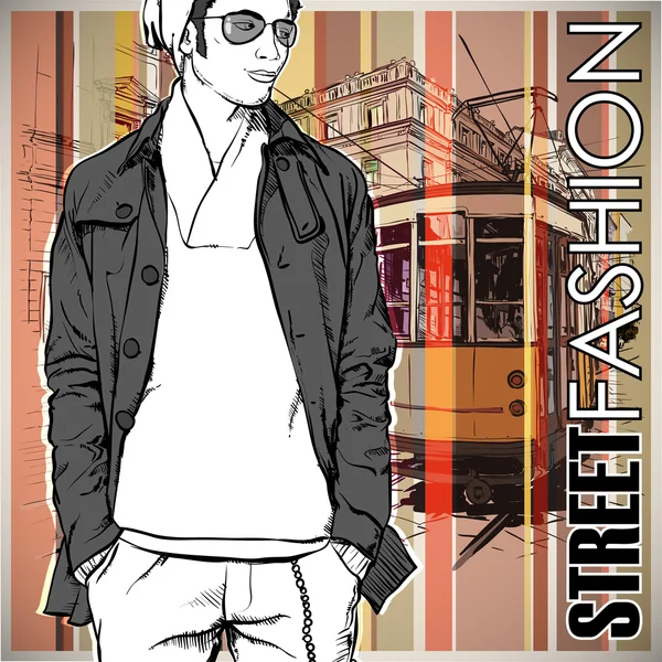 Vektor-Illustration eines jungen stylischen Typen und einer alten Straßenbahn. — Stockvektor