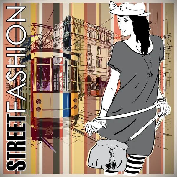 Vector illustration of a pretty fashion girl and old tram. — Stock Vector