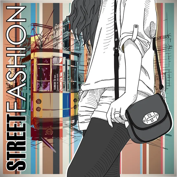 Vector illustration of a pretty fashion girl and old tram. — Stock Vector