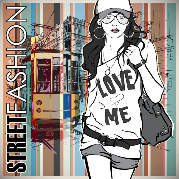 Vector illustration of a pretty fashion girl and old tram. — Stock Vector