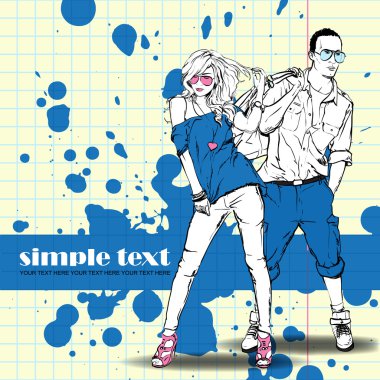 moda kız ve kirli bir arka plan üzerine eskiz tarzı şık adam