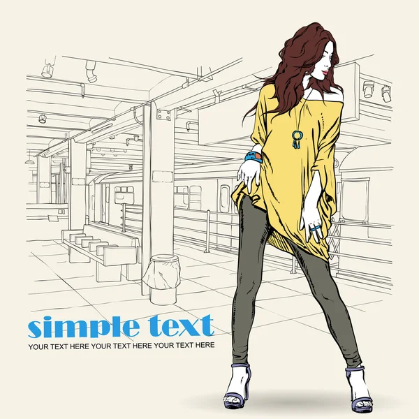 Sexy fashion meisje op een grunge achtergrond. vector illustrator — Stok Vektör