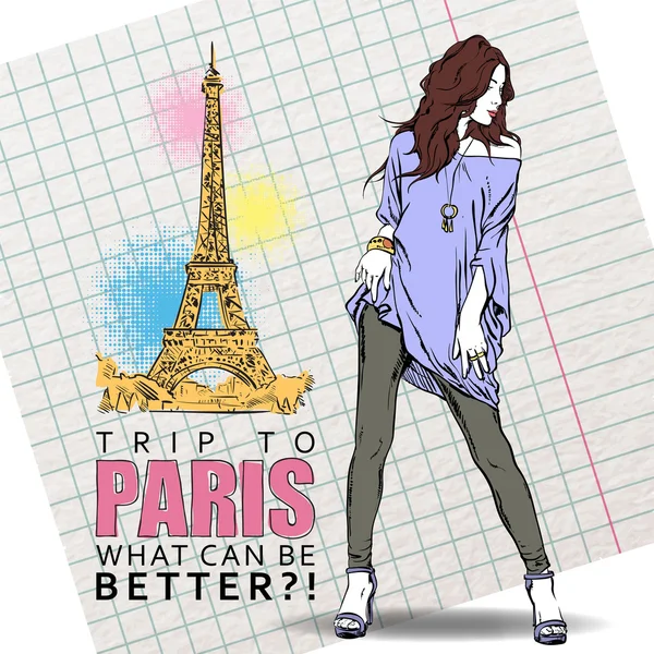 Chica encantadora en estilo boceto sobre un fondo de torre eiffel. Ilustración vectorial — Vector de stock