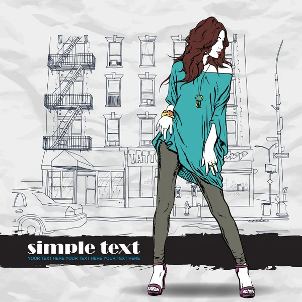 Linda chica de moda en un fondo de calle — Vector de stock