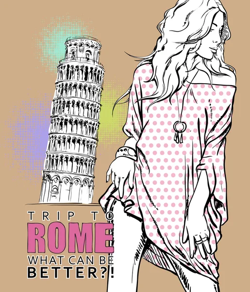 Niedliches Mädchen im Sketch-Stil auf italienischem Hintergrund. — Stockvektor