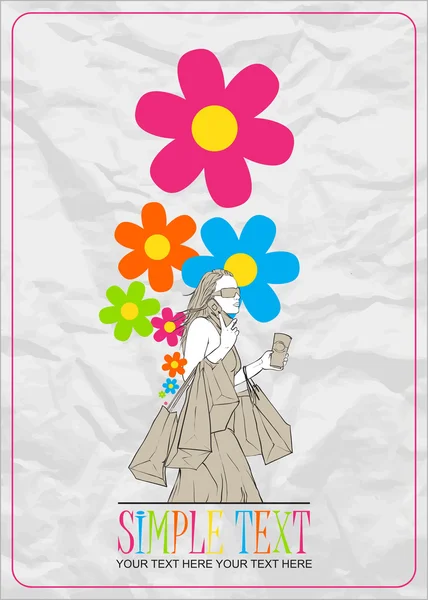 Κορίτσι με τσάντες αγορών και λουλούδια — Διανυσματικό Αρχείο