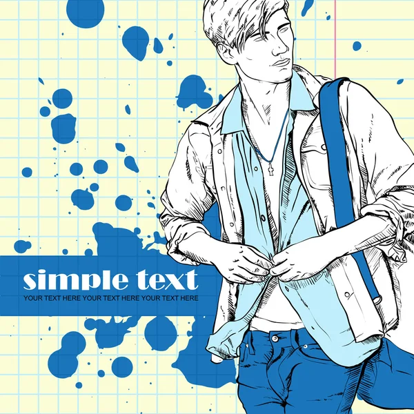 Stylish dude with bag on a grunge background. Vector illustration. — Stock Vector