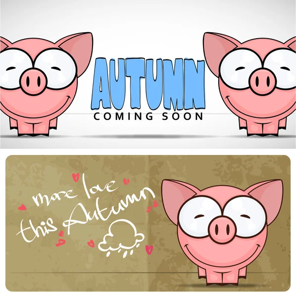 秋季矢量卡与可爱的卡通小猪和文本 — 图库矢量图片