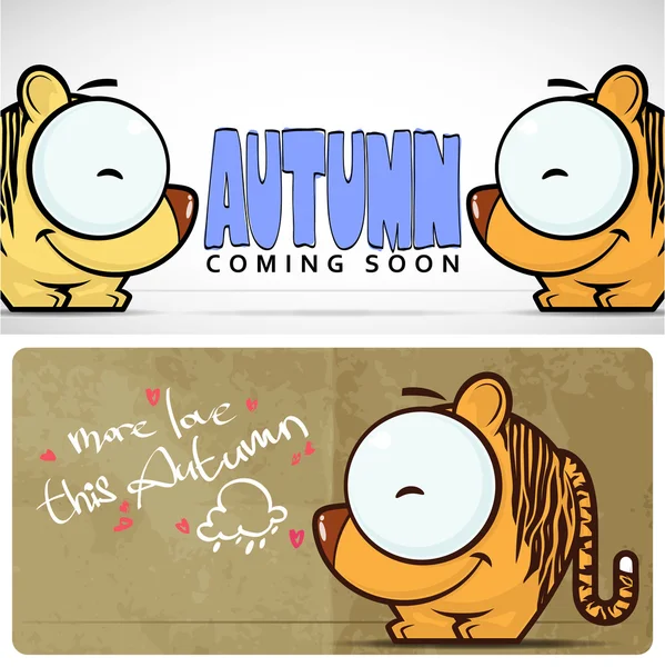 Herbstliche Vektorkarte mit lustigem Cartoon Tiger und Text. — Stockvektor